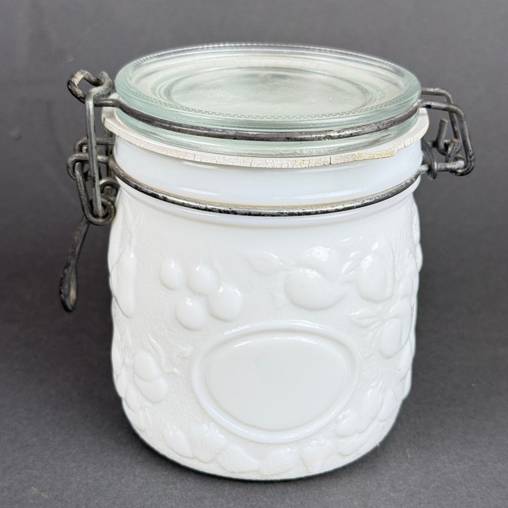 Vintage White Milk Glass 1/2L Canister Jar Clamp Bail Lid Grape Fruit Pattern